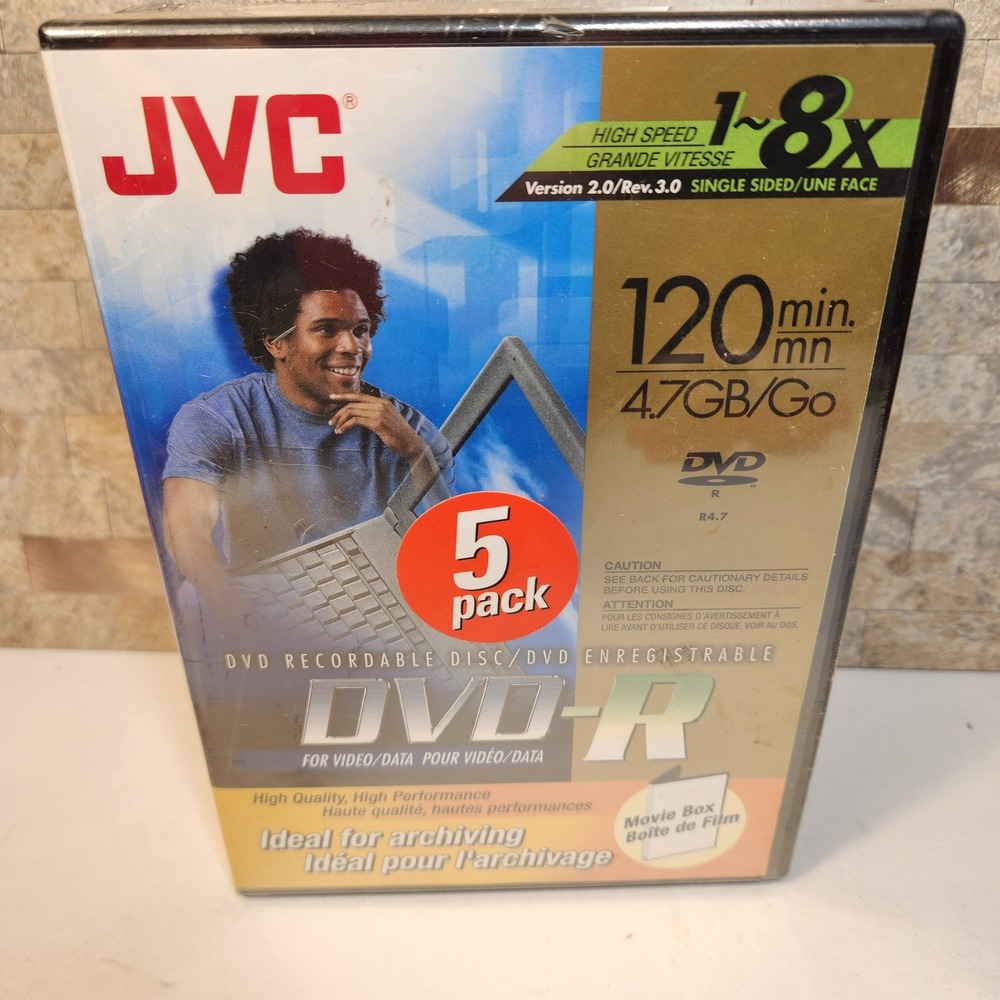 JVC DVD-R 5 Pack 4.7GB 120min 1-8x High Speed Recordable Discs VD-R47EU5V NEW